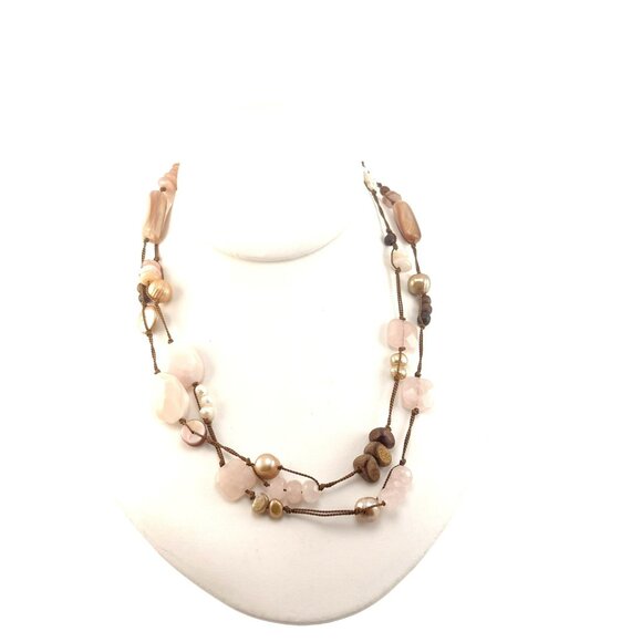 Handmade Multicolor Beaded Necklace With Rose Quartz Pearls & Wood Beads - Picture 2 of 8